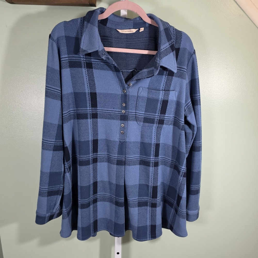Soft Surroundings Mad‎ About Plaid Collar Tunic Mediterranean Blue Size Large